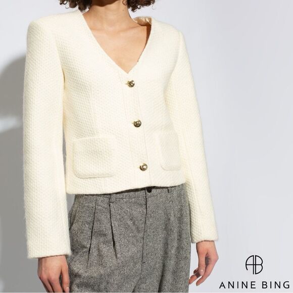 Anine Bing **NWT** Anitta V Neck Woven Jacket in Ivory / White / Cream - Picture 13 of 16